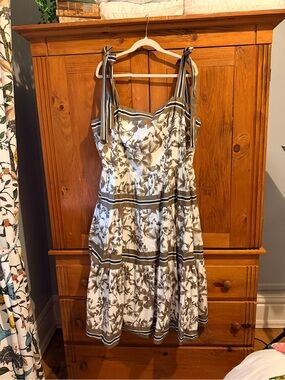 Floral Tie-Shoulder Midi Dress in Ivory and Olive